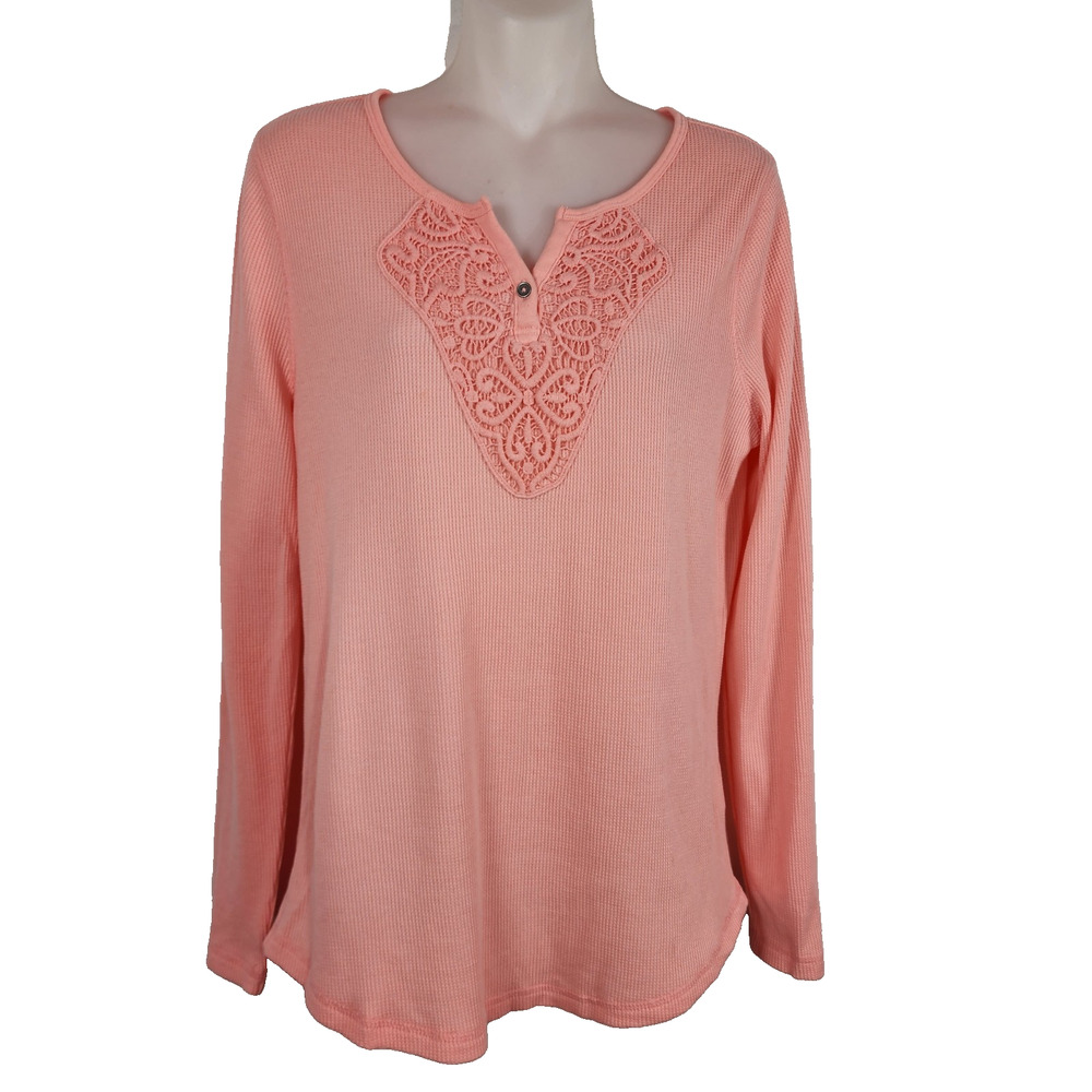 Faded Glory Womens Waffle Knit Long Sleeve Thermal Top Crochet Large Y2K Peach